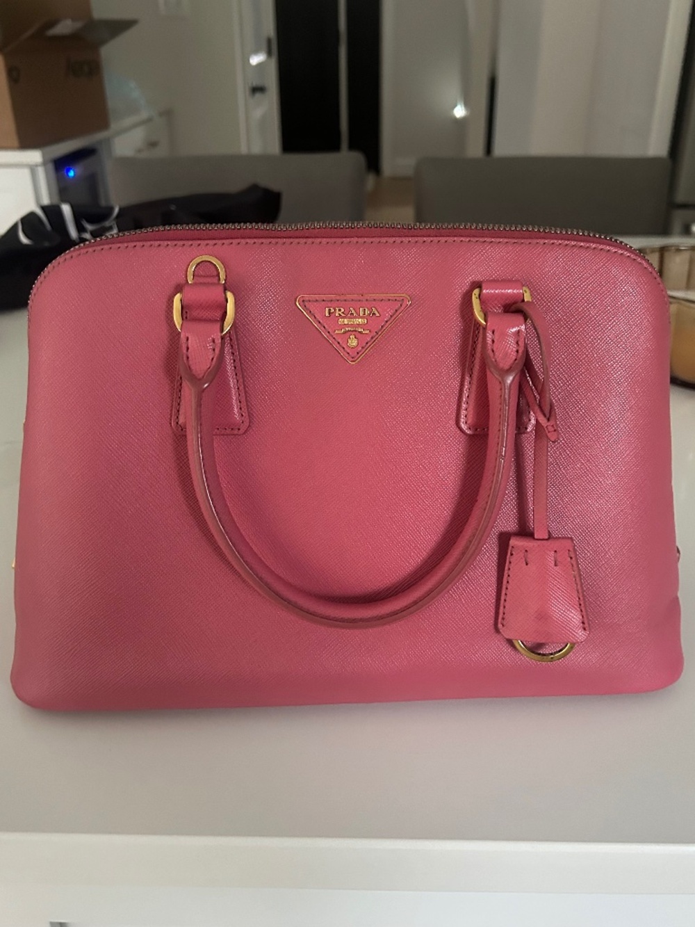 Prada saffiano leather pink top handle bag
